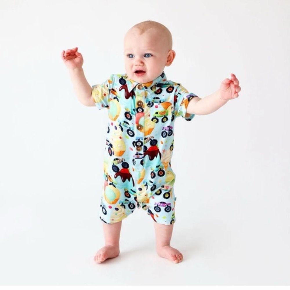 Posh Peanut Pastel Blue Monster Truck Ice Cream Henley Romper - Picture 3 of 9